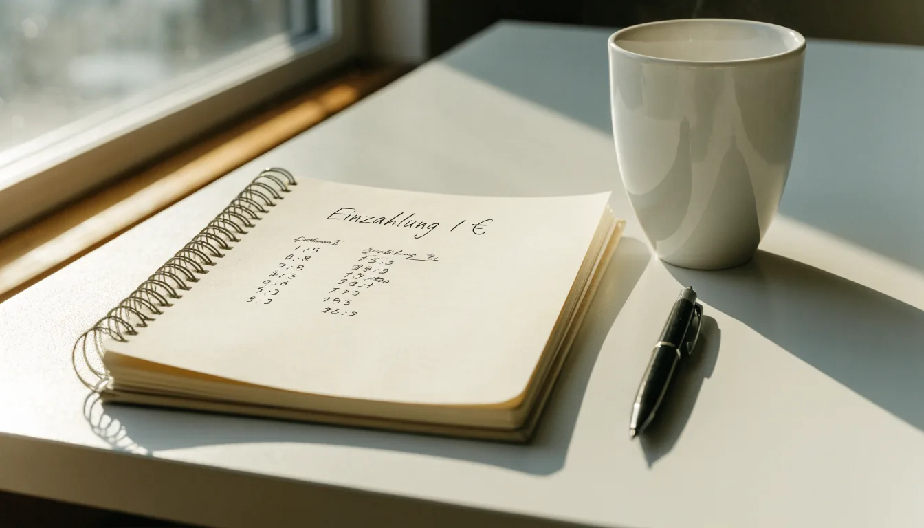 Ein aufgeschlagenes Notizbuch mit handschriftlichen Notizen und ein Kugelschreiber liegen auf einem hellen Schreibtisch neben einer Kaffeetasse.