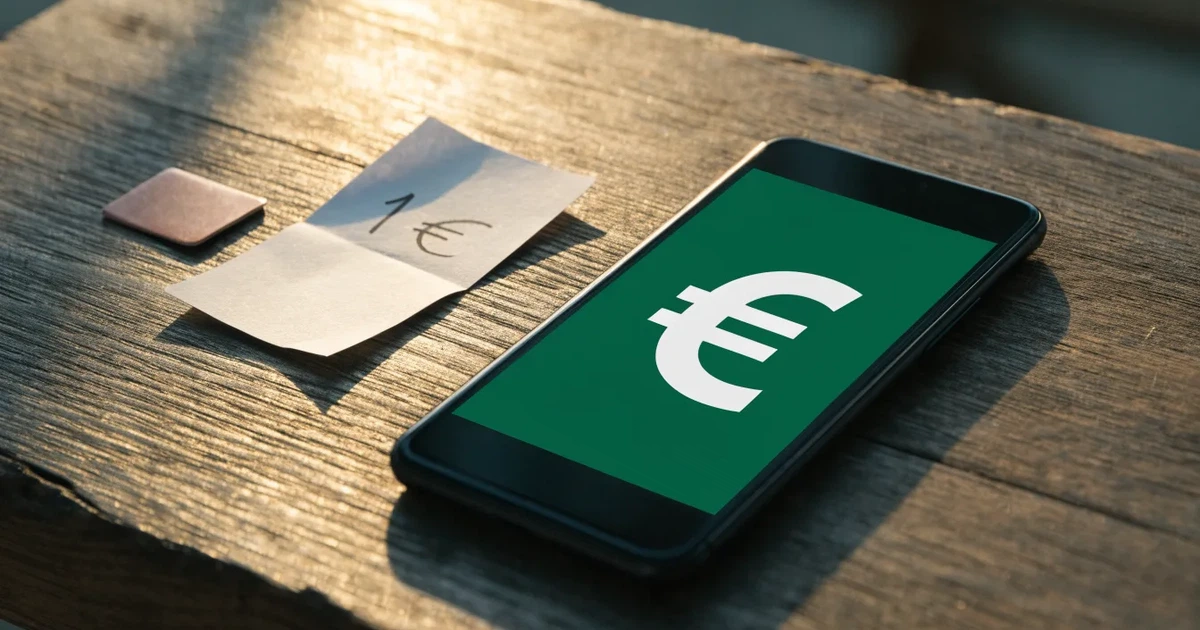 Ein Smartphone liegt mit dem Display nach unten auf einem Holztisch, daneben ein paar Euro-Münzen und eine unbeschriftete Plastikkarte im Morgenlicht.