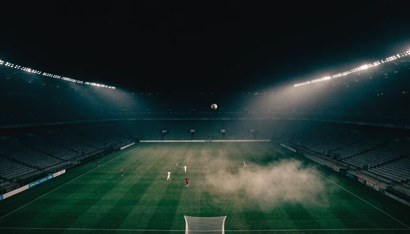 Ein Stadion unter Flutlicht bei Nacht, von einem Hügel aus der Ferne betrachtet, mit Dunst über dem Spielfeld.