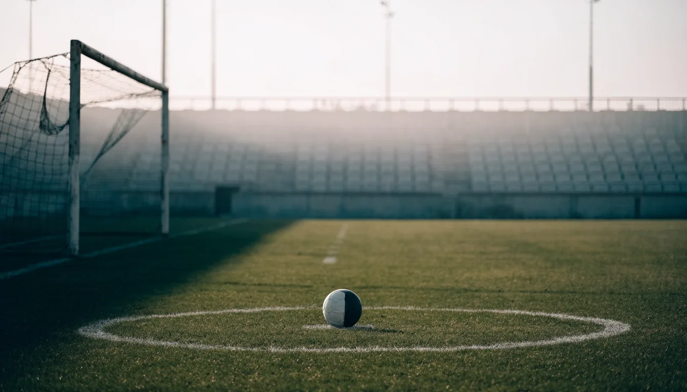 Ein Fußball liegt auf dem Elfmeterpunkt eines leeren Rasenplatzes, im Hintergrund eine Tribüne im Dunst.