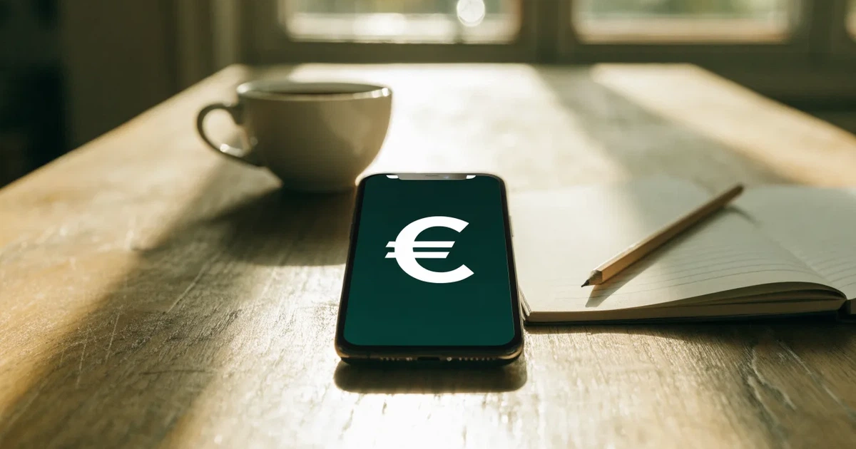 Zwei Euro-Scheine und ein Smartphone liegen auf einem Holztisch neben einer Tasse, im Hintergrund ein unscharfes Fenster.