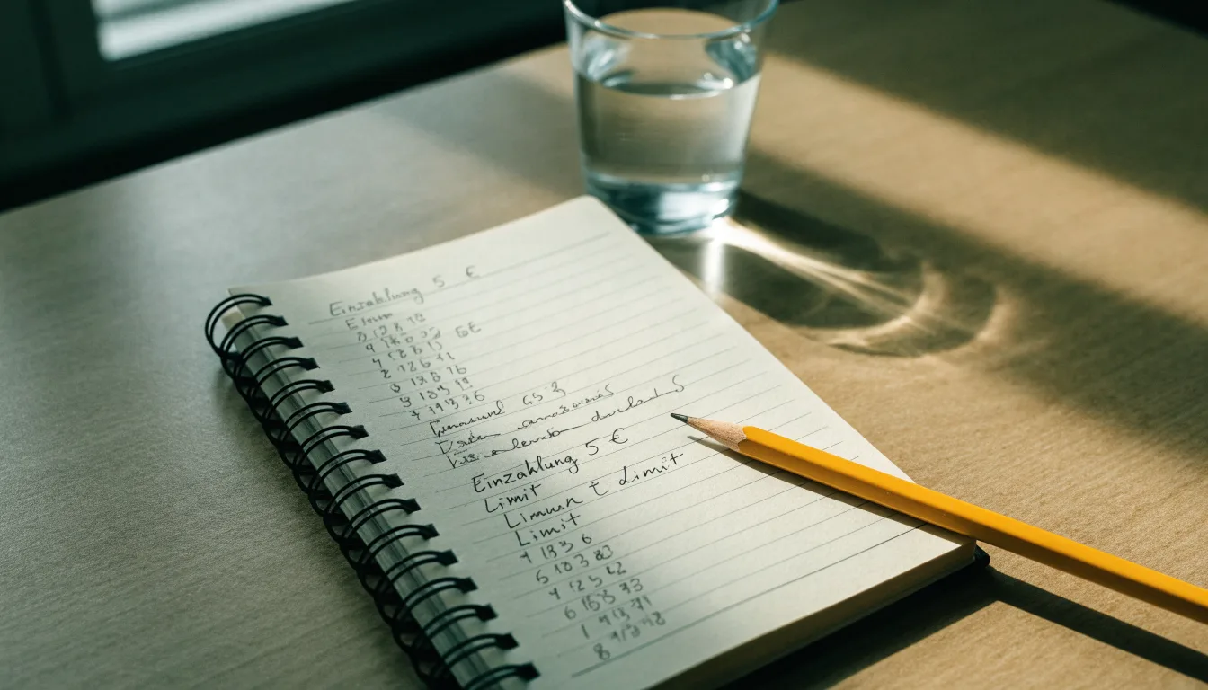 Ein aufgeschlagenes Heft mit handschriftlichen Notizen und ein Bleistift liegen auf einem Schreibtisch, daneben ein Glas Wasser.
