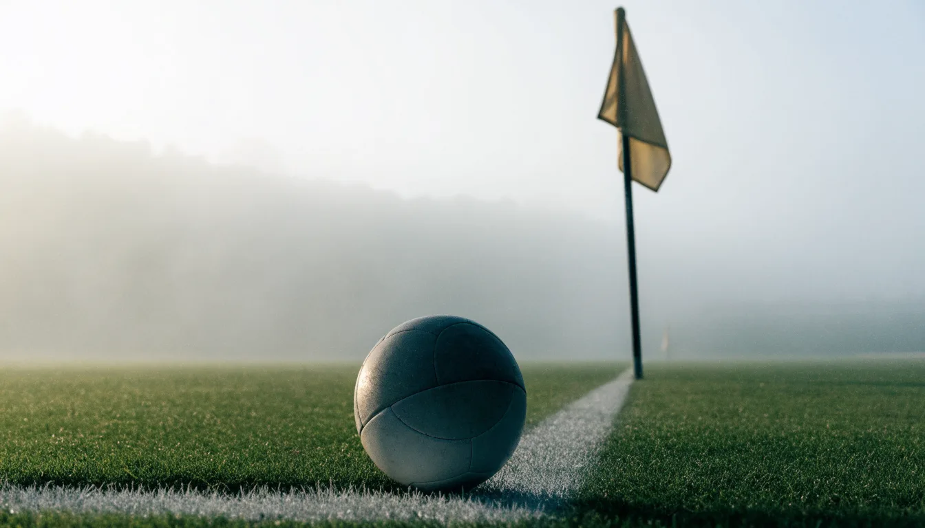 Der Rand eines Spielfelds mit weißer Linie und Eckfahne bei Nebel am frühen Morgen, ohne Menschen.