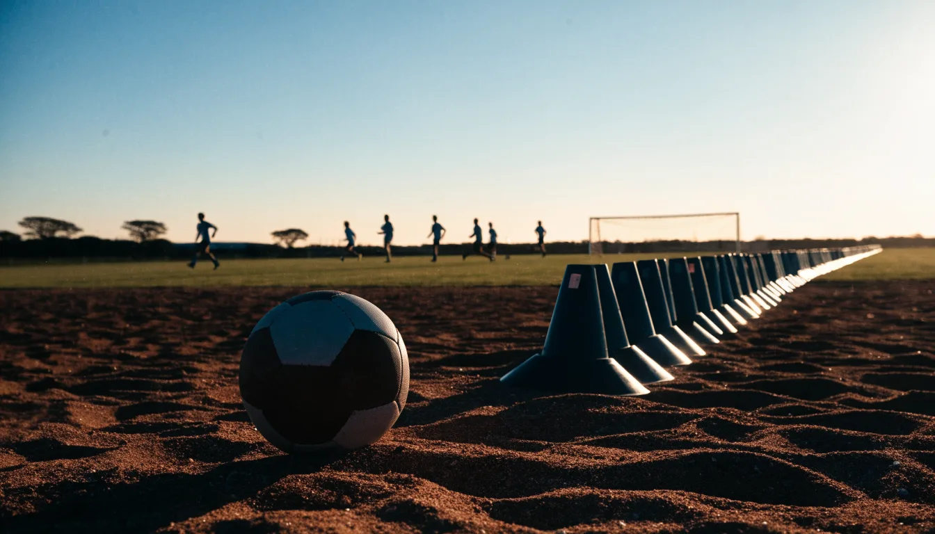 Ein Fußball auf rotem Sandboden neben einer Reihe Hütchen auf einem Trainingsplatz bei untergehender Sonne.