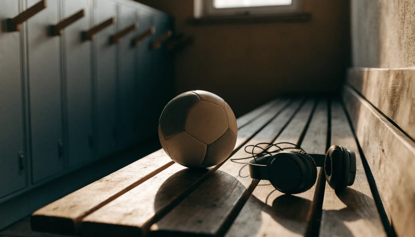 Ein Fußball liegt neben Kopfhörern auf einer Holzbank in einer Umkleide, Licht fällt durch ein schmales Fenster.
