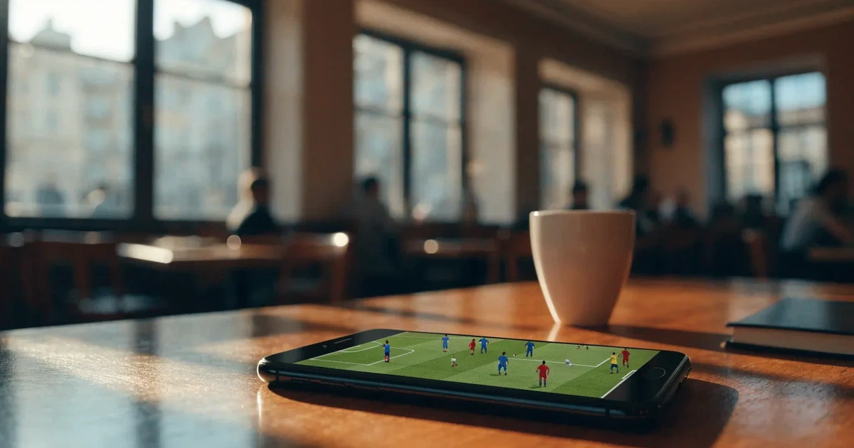 Ein Smartphone mit dunklem Bildschirm liegt auf einem Tisch in einem Café, daneben eine Tasse und ein Notizbuch.