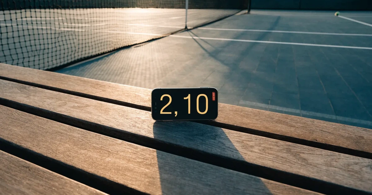Ein leerer Tennisplatz mit Hartplatzbelag in der Morgendämmerung, das Netz im Gegenlicht und lange Schatten der Linien.