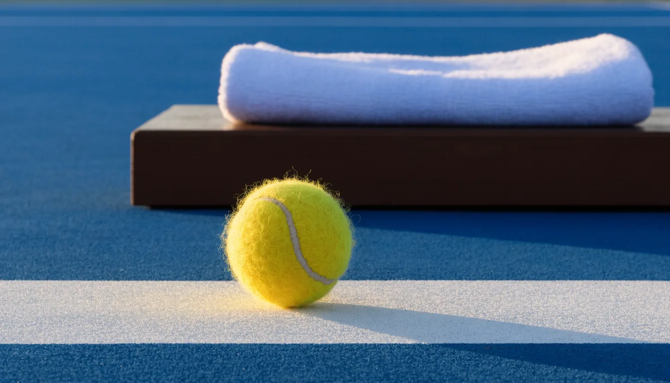 Ein gelber Tennisball liegt auf einer weißen Linie, daneben ein Handtuch auf einer Bank am Spielfeldrand.