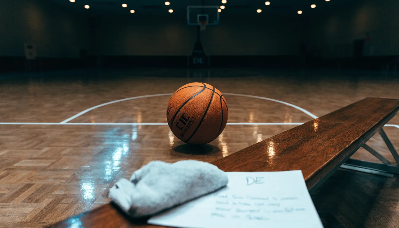 Ein Basketball liegt auf der Freiwurflinie einer Halle, im Vordergrund ein Handtuch auf einer Bank.