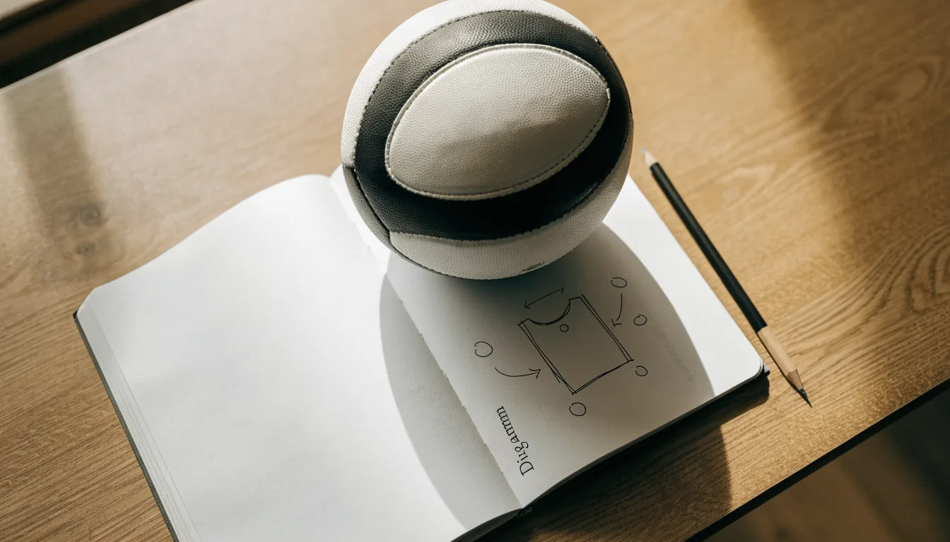 Ein Fußball liegt auf einem Notizbuch mit handgezeichneten Skizzen von Spielzügen, aufgenommen von oben auf einem Holztisch.
