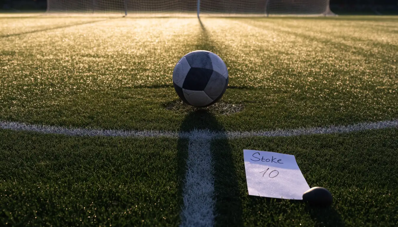 Ein Fußball liegt auf dem Anstoßpunkt eines Rasens bei Sonnenaufgang, Tau glitzert auf den Halmen.