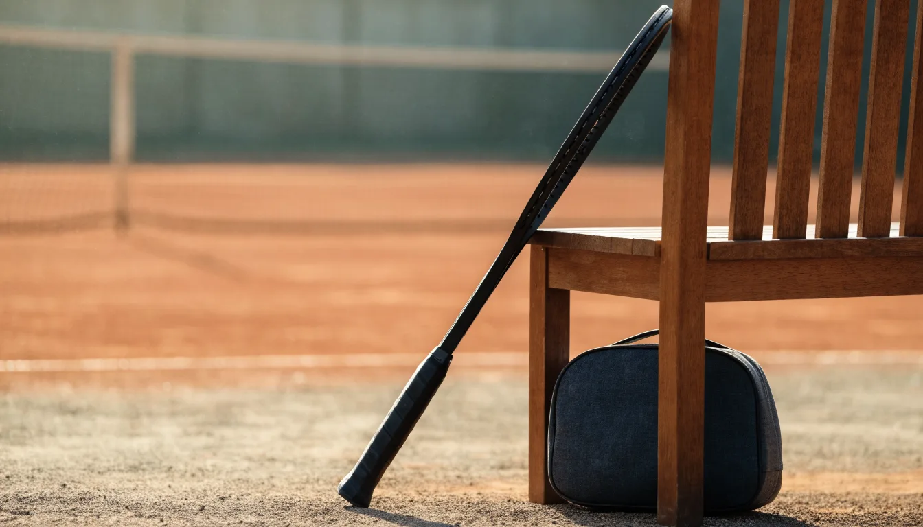 Ein Tennisschläger lehnt an einer Bank neben einer Sporttasche, im Hintergrund ein leerer Platz.