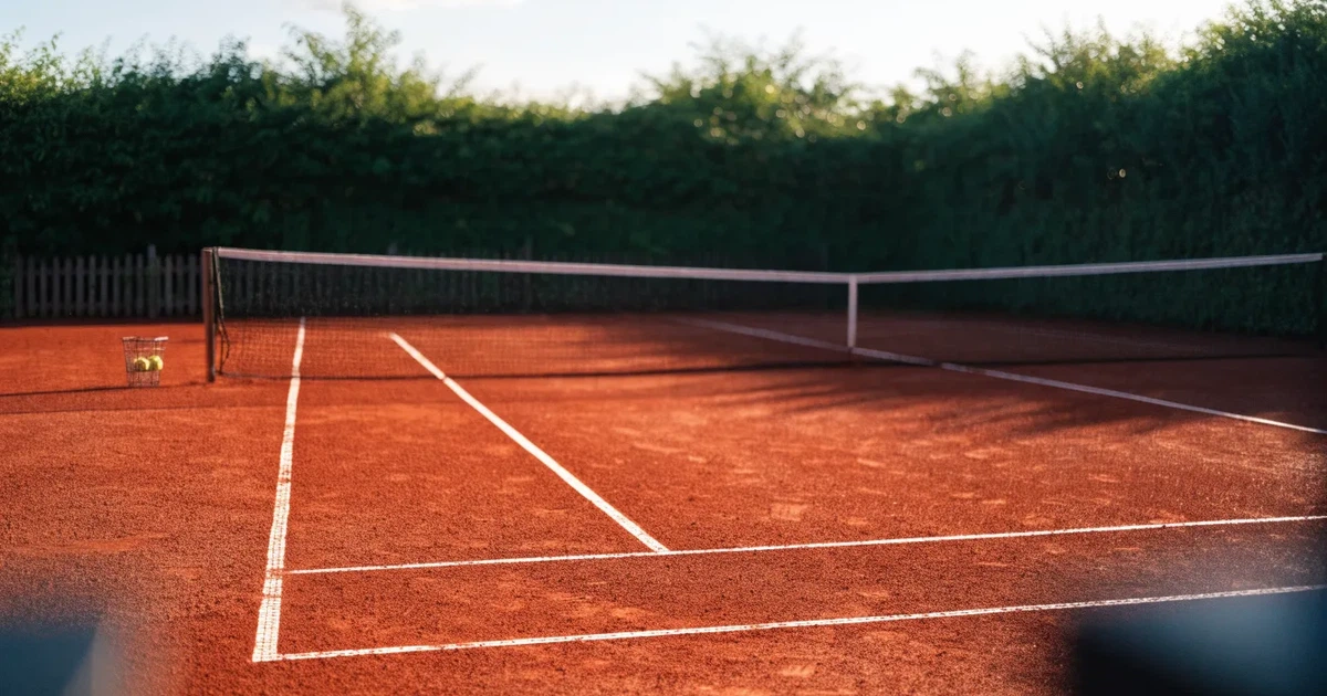 Ein Sandplatz mit frisch gezogenen Linien in der Nachmittagssonne, Netz und Ballkorb am Rand, keine Menschen.