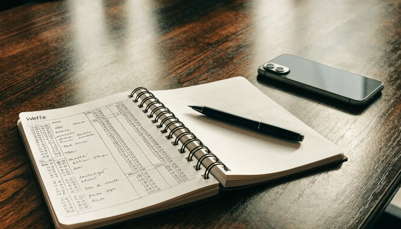 Ein Notizbuch mit handschriftlichen Notizen und ein Kugelschreiber liegen neben einem Smartphone mit dunklem Display auf einem Holztisch.