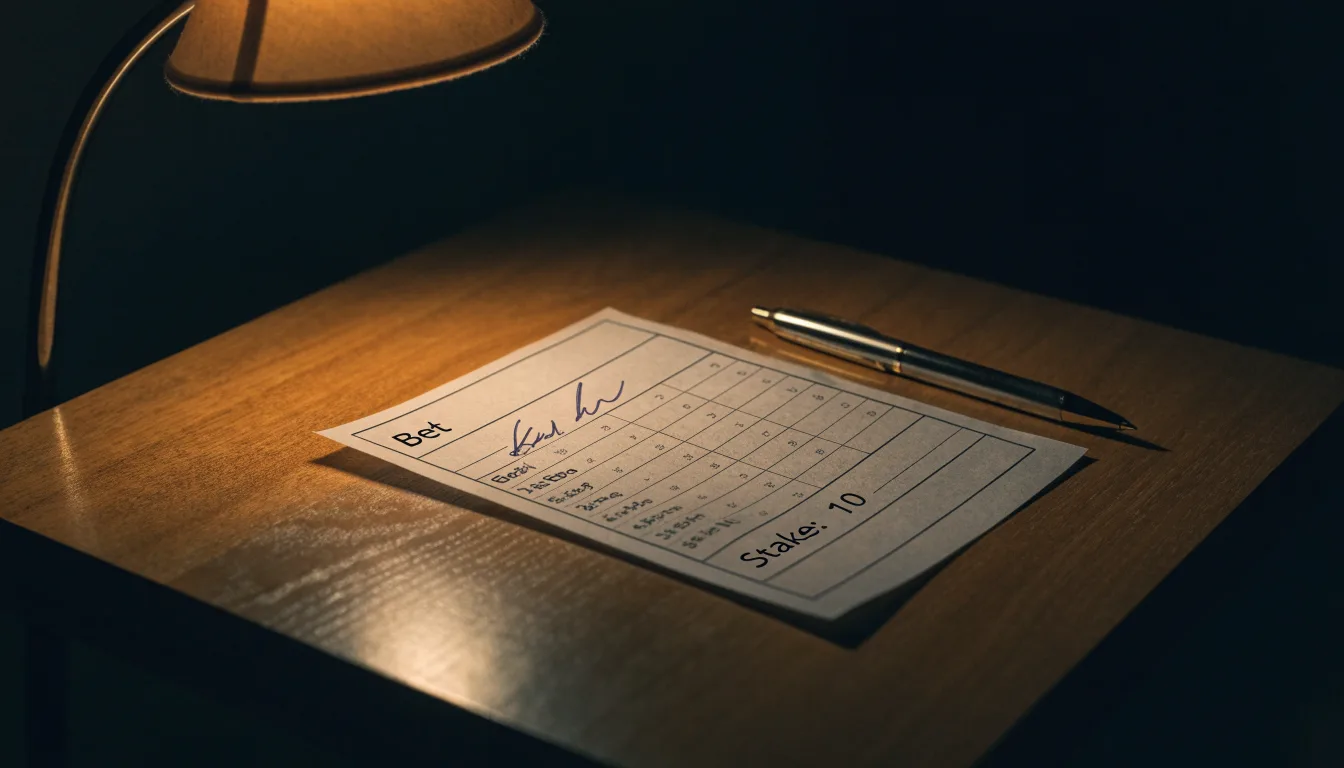 Ein leerer Wettschein aus Papier liegt neben einem Stift auf einem Schreibtisch im Licht einer kleinen Tischlampe.