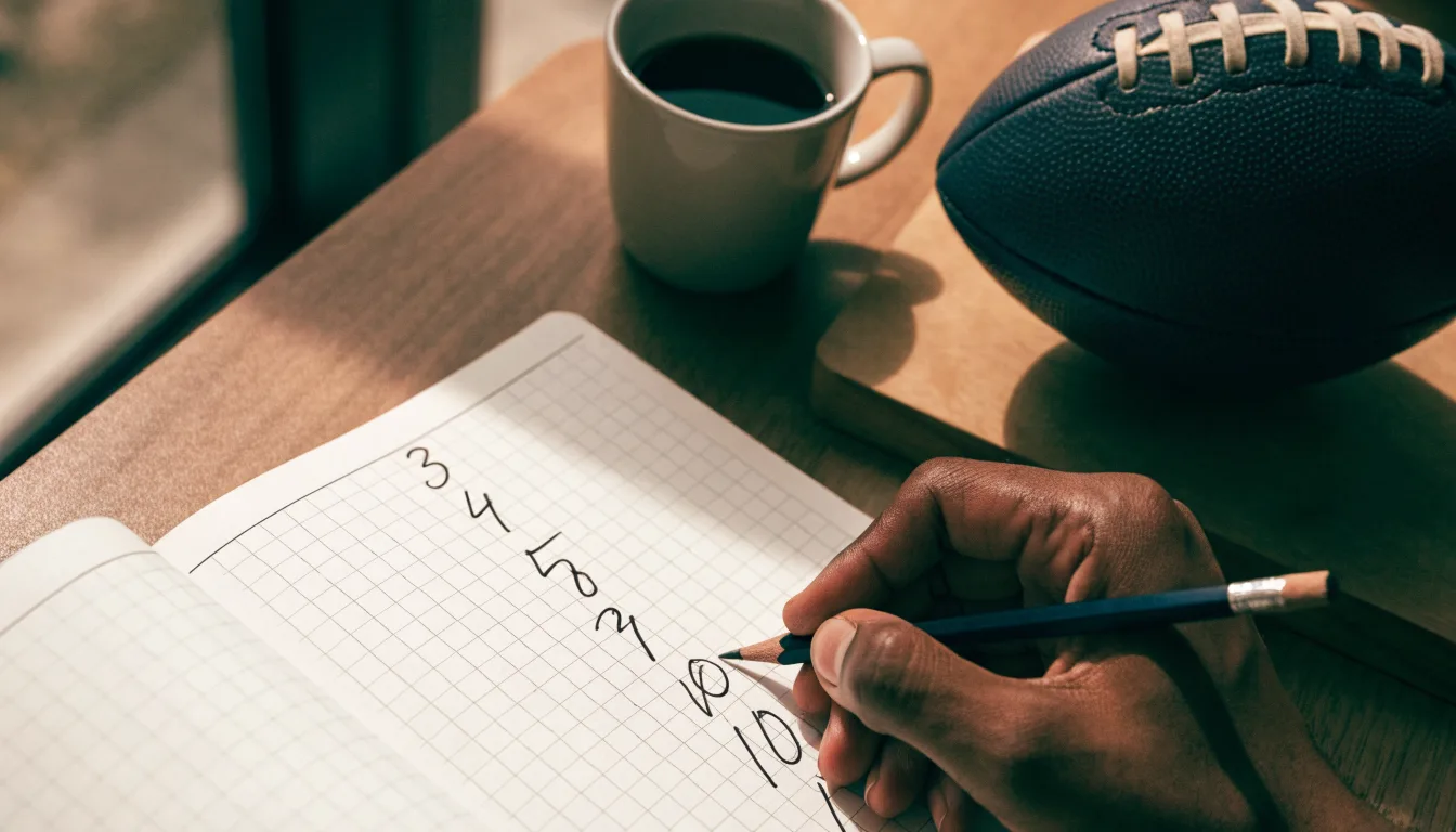 Eine Hand notiert mit Bleistift Zahlen in ein kariertes Heft, daneben liegt ein kleiner Lederfußball auf einer Holzplatte.