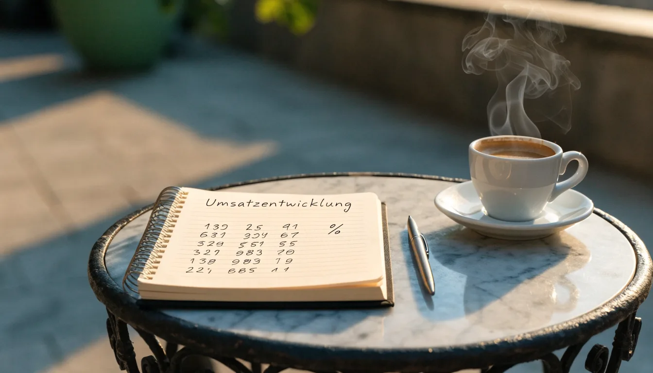 Eine Espressotasse steht auf einem kleinen Marmortisch einer Terrasse, daneben ein Notizheft mit handschriftlichen Skizzen.