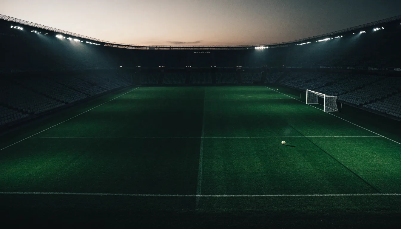 Eine leere Stadiontribüne unter Flutlicht aus der Ferne betrachtet, die Rasenfläche leuchtet grün in der Dämmerung.