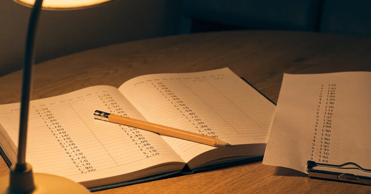 Ein aufgeschlagenes Notizbuch mit handschriftlichen Zahlenreihen und ein Bleistift liegen neben einem Taschenrechner auf einem Schreibtisch.