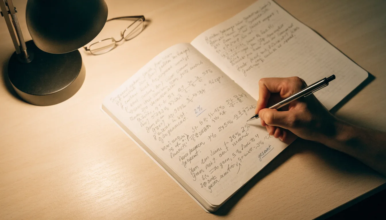 Ein Notizbuch mit handschriftlichen Rechnungen und ein Taschenrechner liegen auf einem aufgeräumten Schreibtisch in warmem Licht.