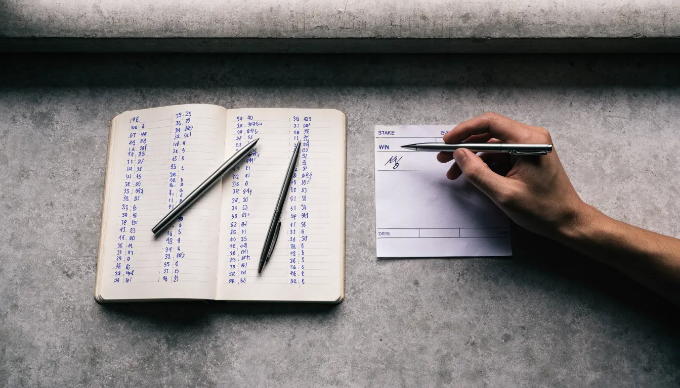 Ein Taschenrechner, ein Bleistift und ein Block mit handschriftlichen Zahlenreihen liegen auf einer grauen Arbeitsfläche.