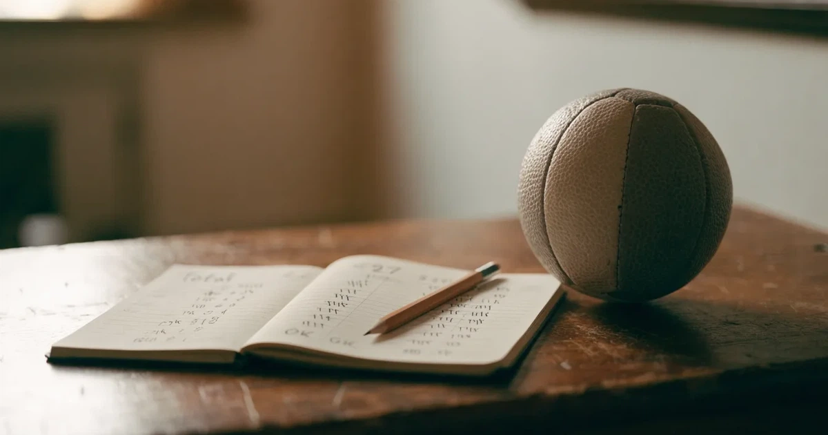 Ein Notizbuch mit handschriftlichen Strichlisten, ein Bleistift und ein kleiner Fußball liegen auf einem Schreibtisch vor einem Fenster.