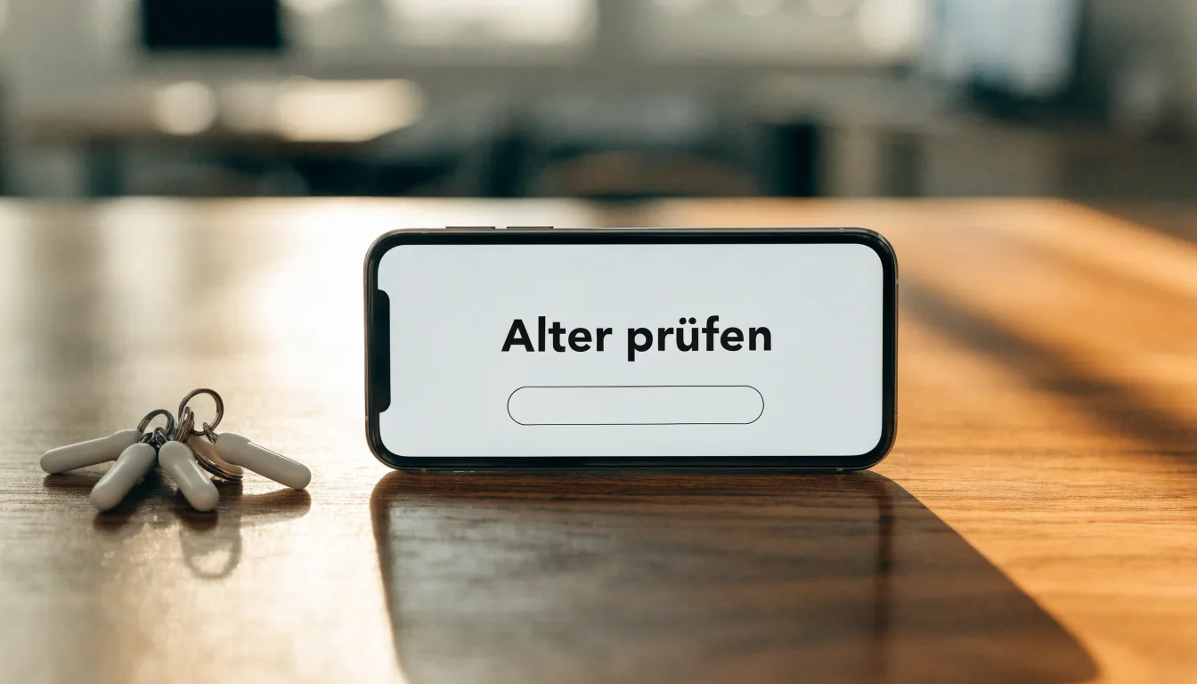 Ein Schlüsselbund liegt auf einer Holzplatte neben einem Taschenkalender, im Hintergrund eine verschwommene Büroeinrichtung.