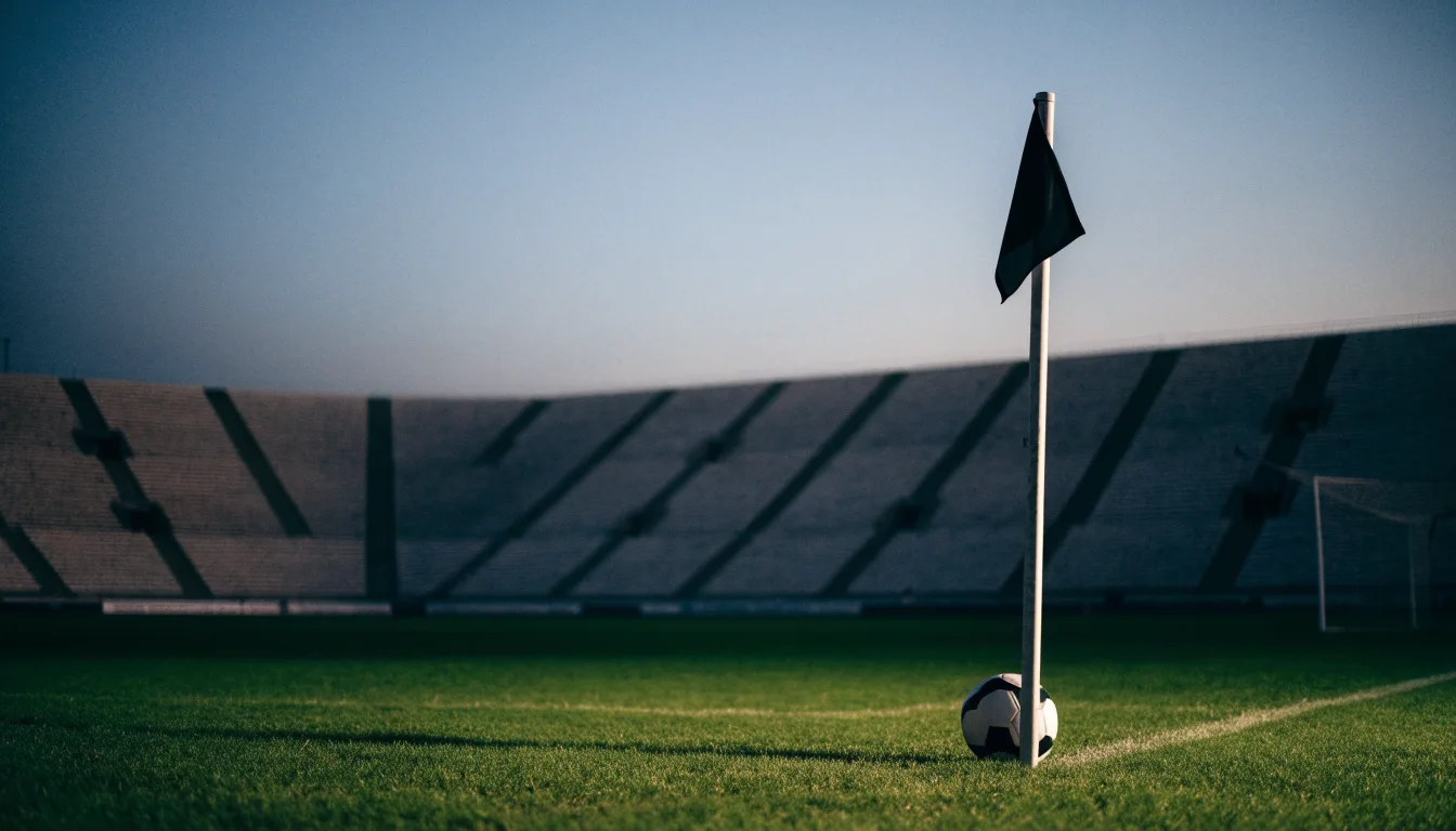 Ein Fußball liegt neben einem Eckfahnen-Pfosten auf einem Rasenplatz, im Hintergrund ein leeres Stadion in der Dämmerung.