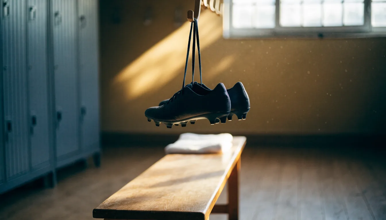 Ein Paar Fußballschuhe hängt an den Schnürsenkeln an einem Holzhaken in einer leeren Umkleidekabine.