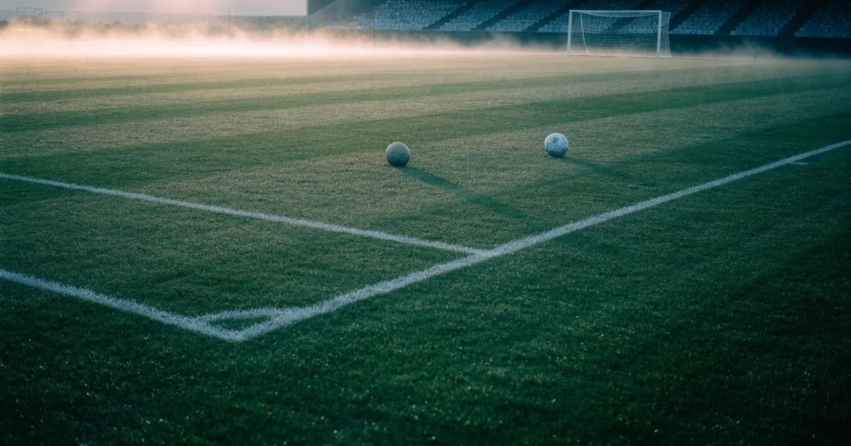 Ein Fußballplatz mit gepflegtem Rasen und einem Tor, über dem Spielfeld liegt Morgennebel, im Hintergrund eine leere Tribüne.