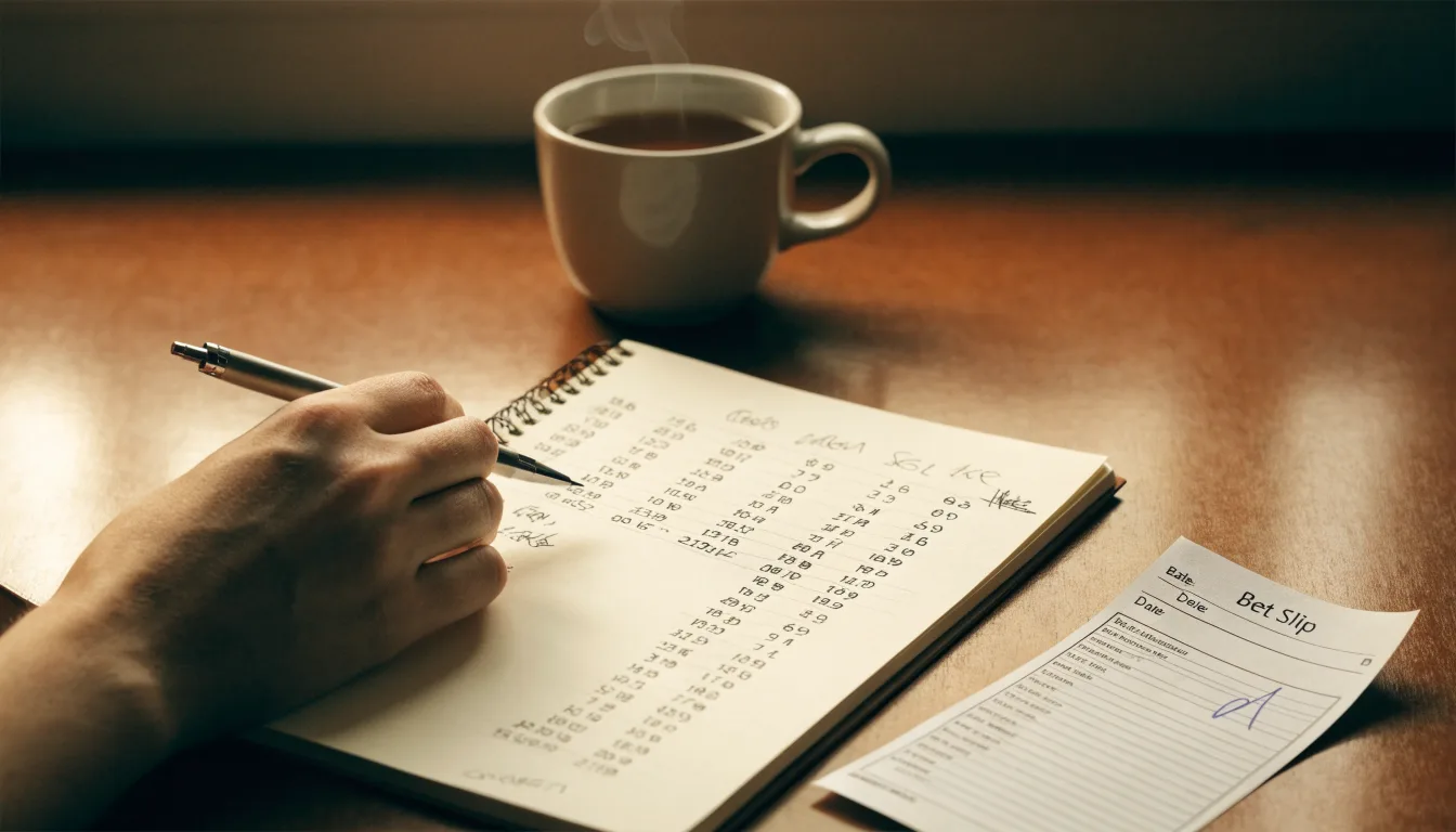 Ein Schreibtisch mit Taschenrechner, Bleistift und einem Block voller handschriftlicher Rechnungen, daneben eine Tasse Tee.