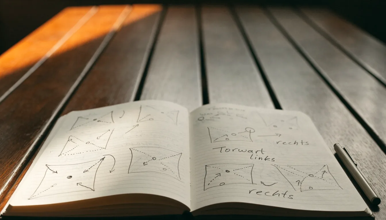 Ein aufgeschlagenes Notizbuch mit handschriftlichen Skizzen von Spielzügen liegt neben einem Kugelschreiber auf einem Holztisch.