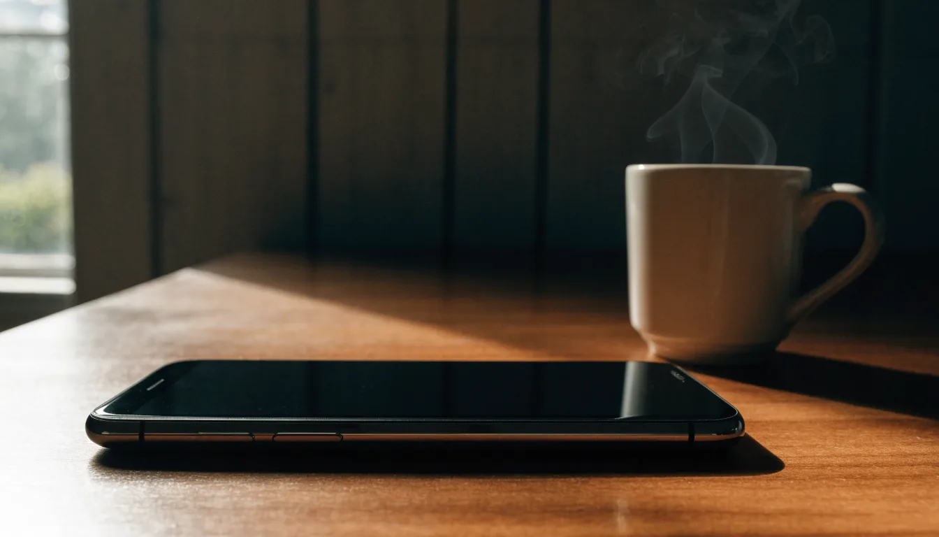 Ein Smartphone mit dunklem Display liegt neben einer Kaffeetasse auf einem Holztisch im Licht eines Fensters.