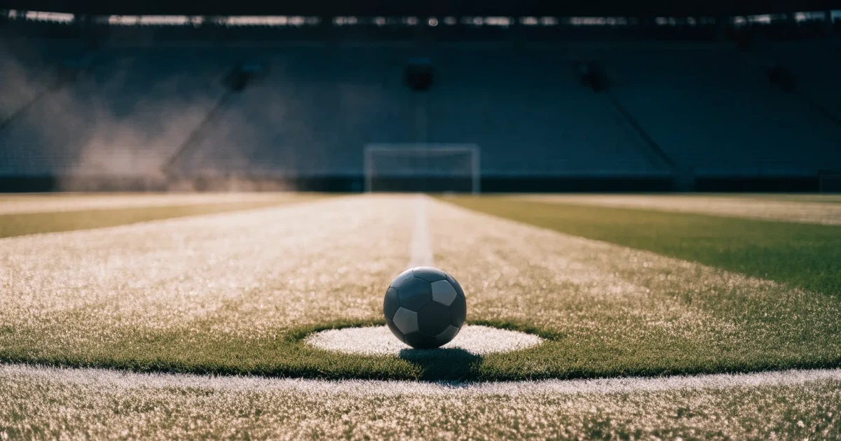 Ein Fußball liegt auf dem Mittelkreis eines Stadionrasens am frühen Morgen, im Hintergrund leere Ränge ohne erkennbare Beschriftung.