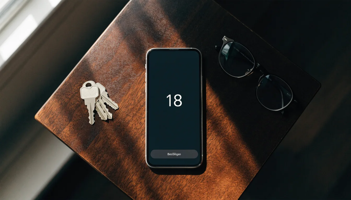 Ein Smartphone liegt mit dunklem Display auf einem Holztisch neben einem Schlüsselbund und einer Brille im Licht eines Fensters.