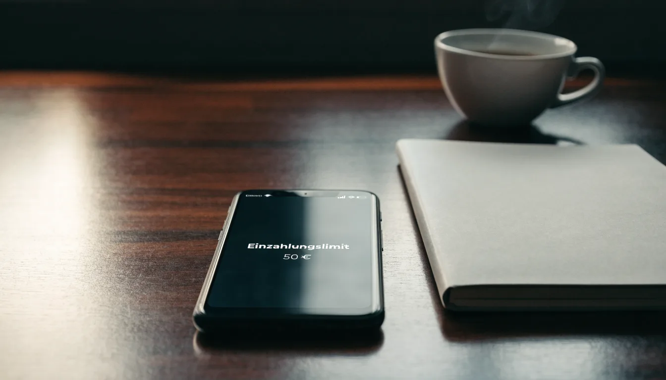 Ein Smartphone liegt mit dunklem Display auf einem Schreibtisch neben einem Notizbuch und einer Kaffeetasse.