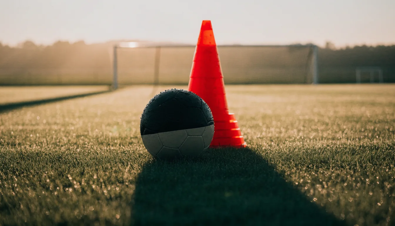 Ein Fußball liegt auf einem Rasenplatz bei Sonnenaufgang, daneben ein kleiner Stapel Trainingshütchen.