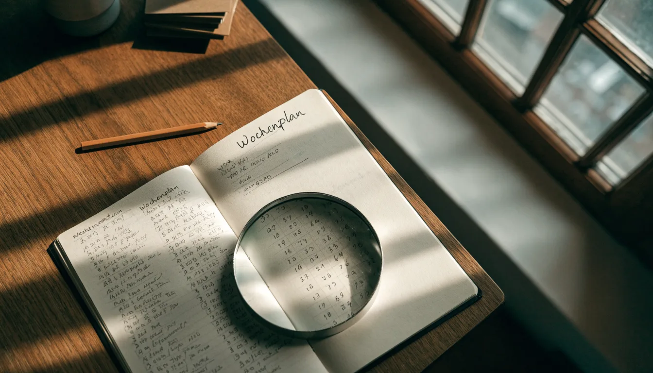 Ein schmaler Schreibtisch am Fenster mit einem Notizbuch, einer Lupe und einem Bleistift im Morgenlicht.