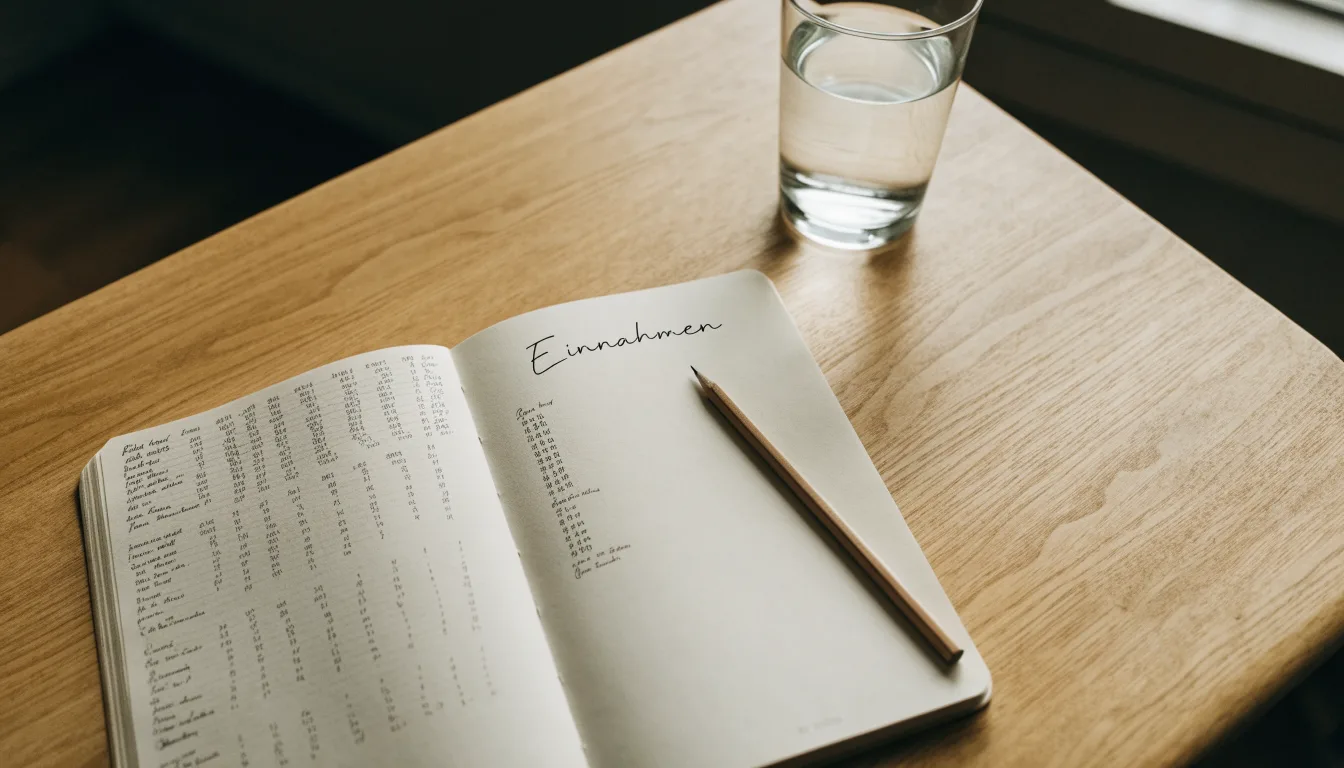 Ein Notizbuch mit handgezeichneten Spalten und ein Bleistift liegen auf einem hellen Holztisch neben einem Glas Wasser.