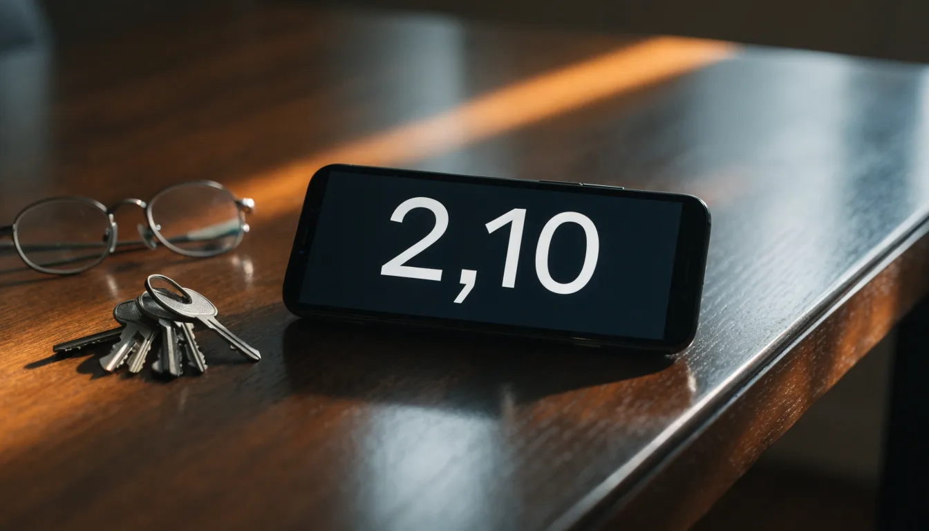 Ein Smartphone liegt mit dunklem Display auf einem Schreibtisch neben einem Schlüsselbund und einer Brille.