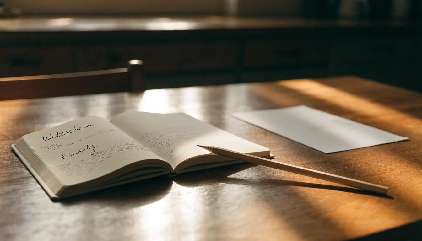 Ein Notizbuch mit handgeschriebenen Stichpunkten und ein Bleistift liegen auf einem Holztisch im Morgenlicht.