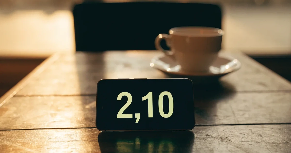 Eine Hand hält ein Smartphone mit dunklem Display, im Hintergrund unscharf ein Café-Tisch mit einer Tasse.