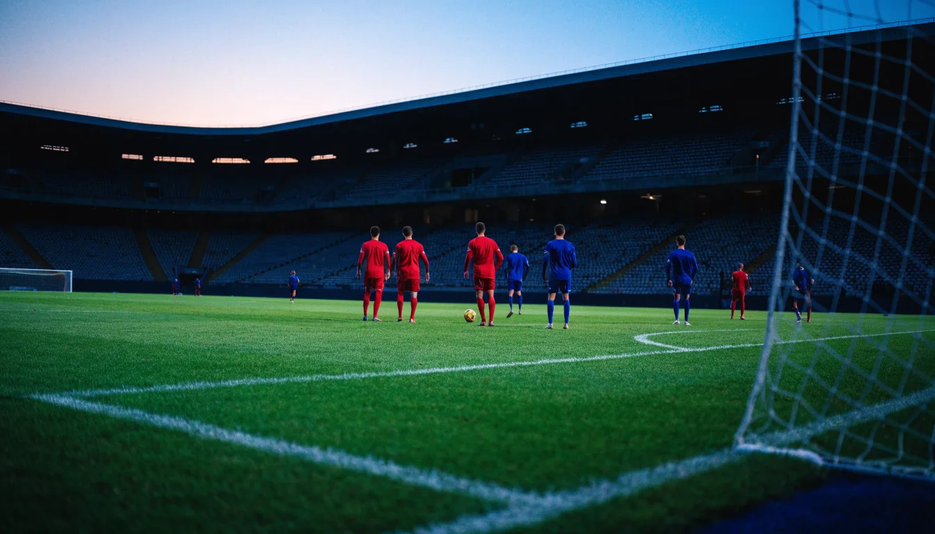 Eine leere Stadiontribüne unter Flutlicht aus der Ferne betrachtet, die Rasenfläche leuchtet grün in der Dämmerung.