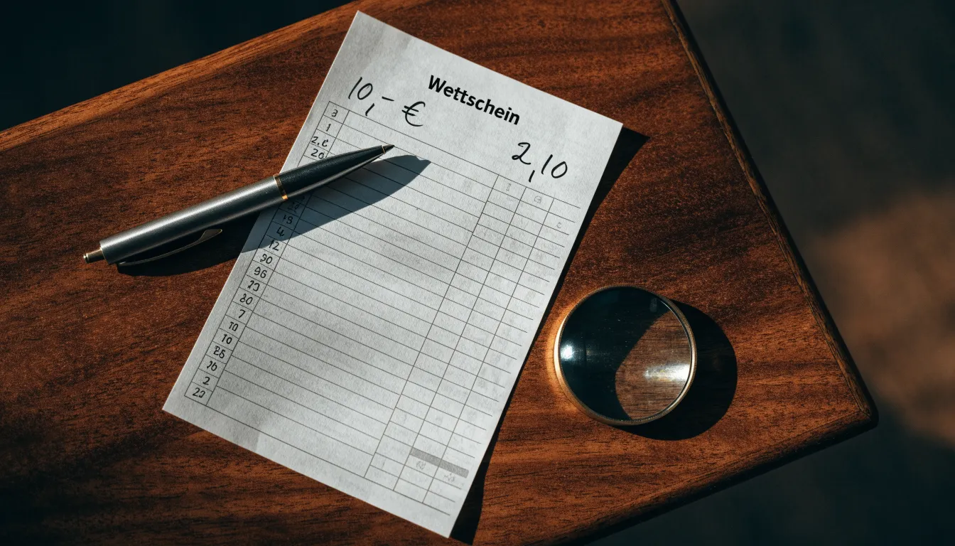 Ein leerer Wettschein aus Papier und ein Kugelschreiber liegen auf einem Schreibtisch neben einer Lupe.