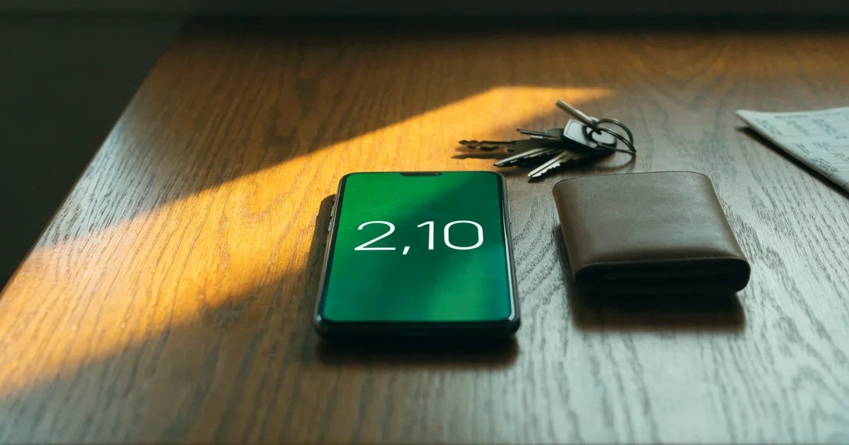 Ein Smartphone mit dunklem Display liegt neben einer Geldbörse und einem Schlüssel auf einem Tisch.