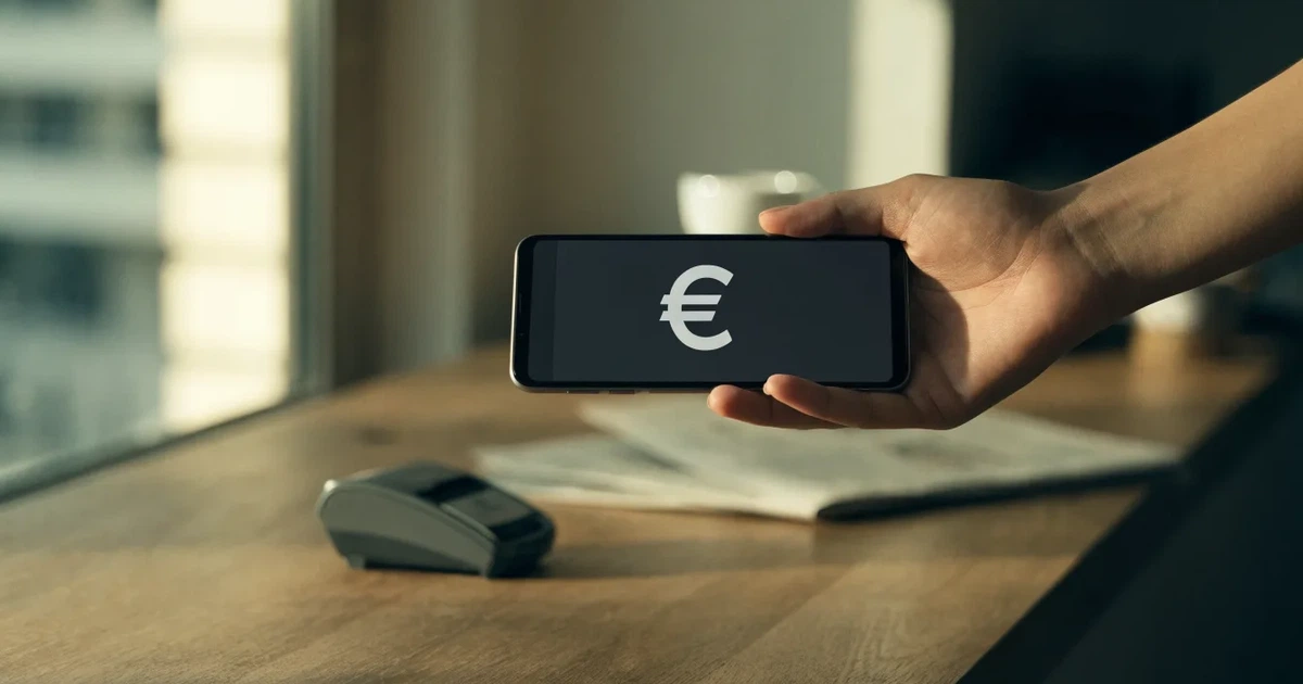 Eine Hand hält ein Smartphone dicht an ein Kartenlesegerät ohne erkennbare Beschriftung in einem Café.