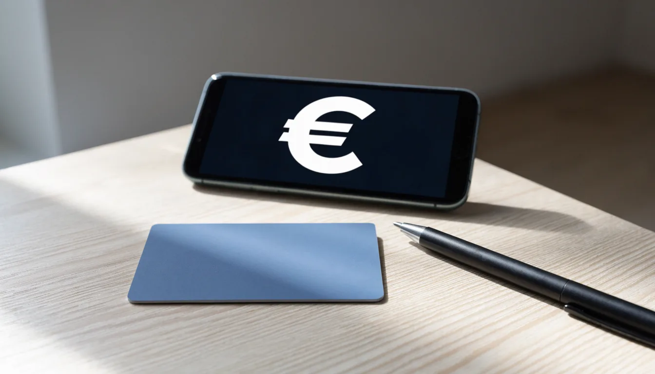 Eine Bankkarte ohne Aufdruck liegt neben einem Kugelschreiber auf einer Arbeitsplatte aus hellem Holz.