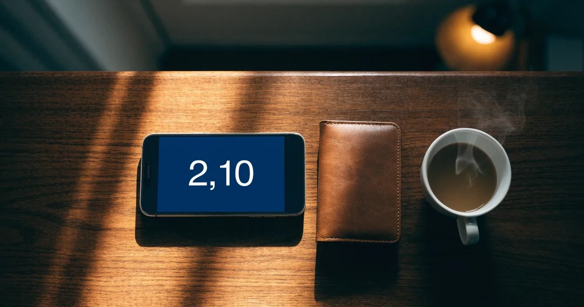 Ein Smartphone mit dunklem Display liegt auf einem Tisch neben einer Geldbörse und einer Tasse Kaffee.