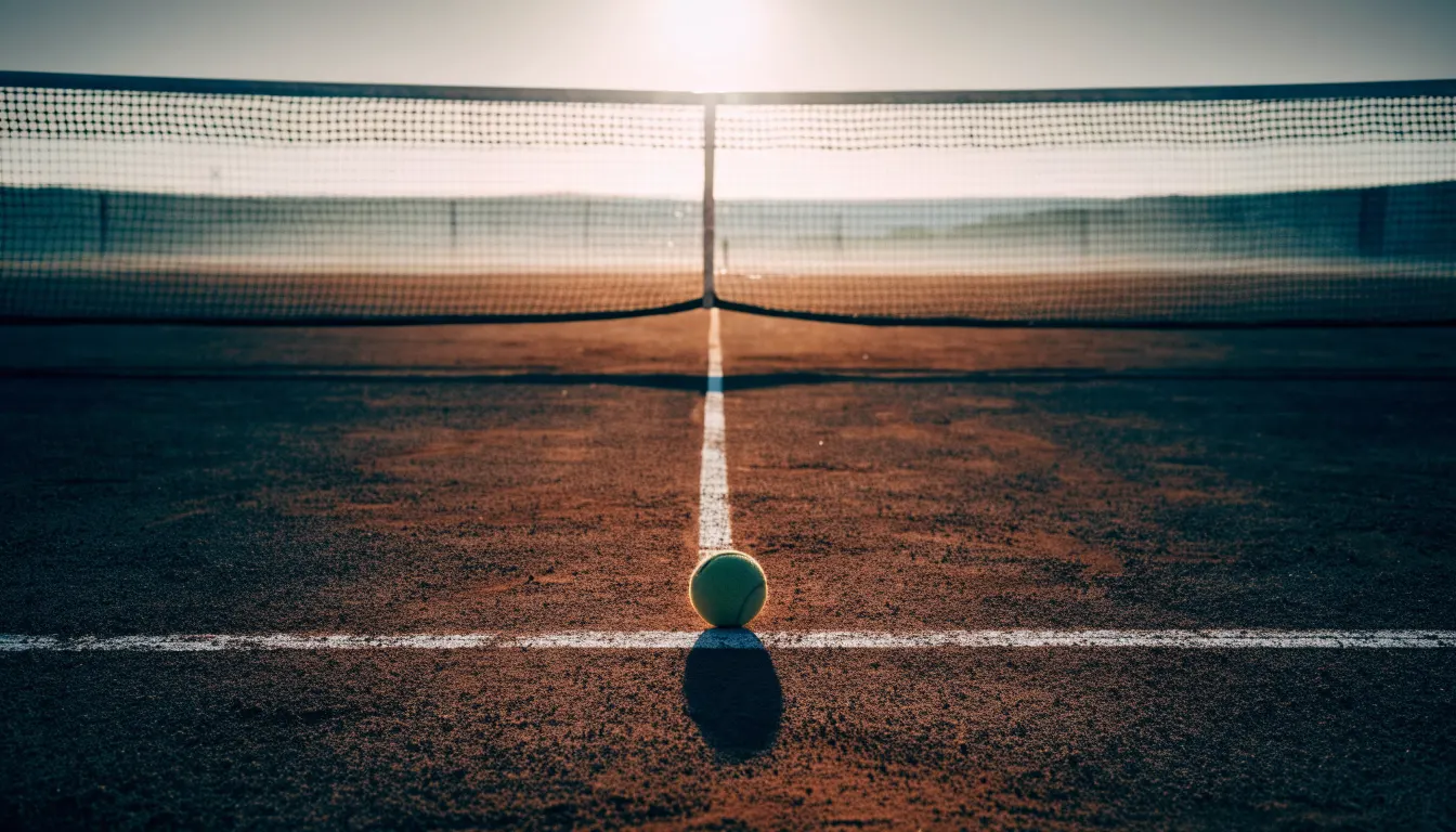 Ein Tennisplatz aus Sand bei Sonnenaufgang, das Netz im Gegenlicht, kein Mensch zu sehen.