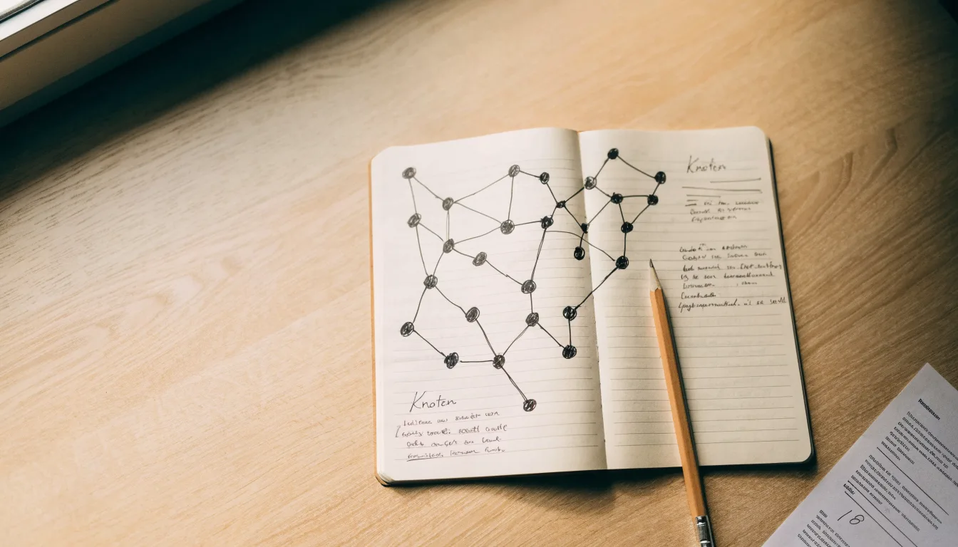 Ein Notizbuch mit handgezeichneten Knoten und Linien liegt neben einem Bleistift auf einem Schreibtisch.